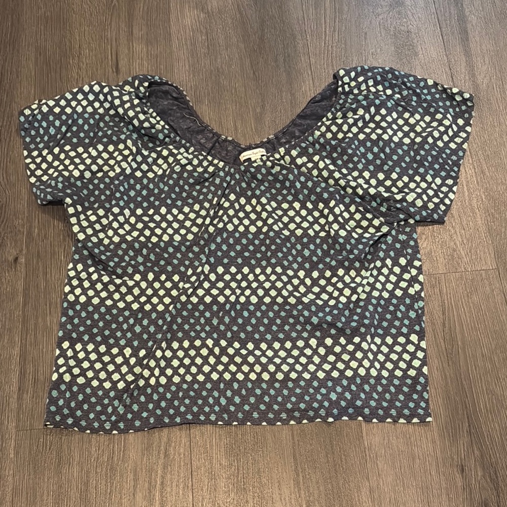 American Eagle Outfitters Blue and Green Boxy Short Sleeve Blouse